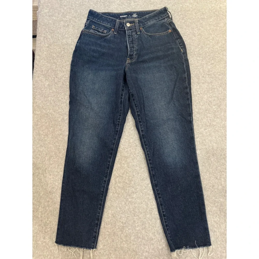 Old Navy High-Rise Curvy OG Straight Jeans Dark‎ Wash Button Fly Raw Hem Size 6